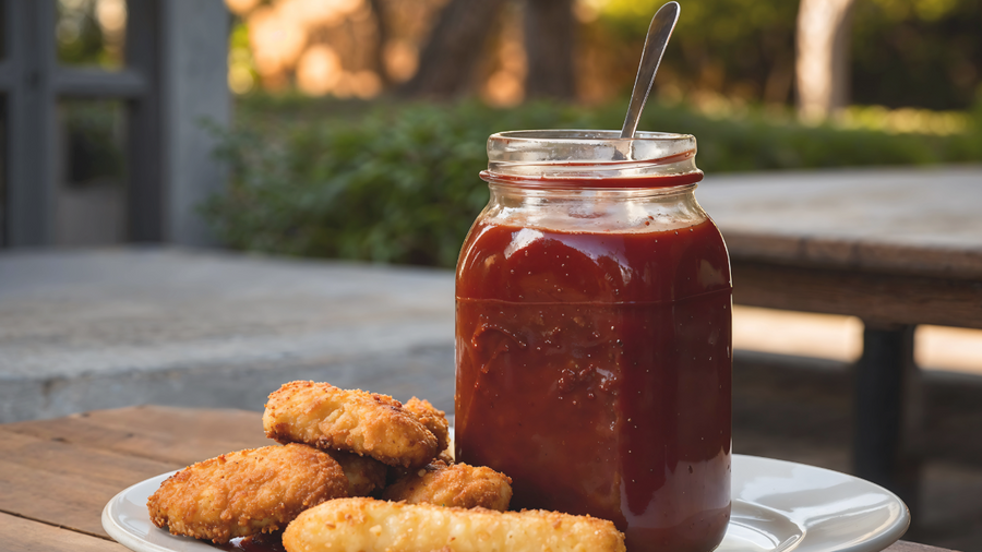 Jar of homemade Zombie Powder BBQ sauce with crispy chicken tenders